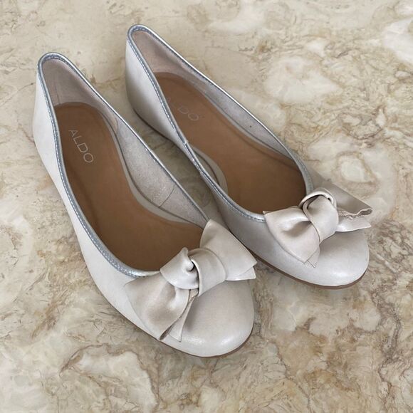 Aldo Gray Leather Silver Trim Big Bow Ballerina Flats - Picture 1 of 11